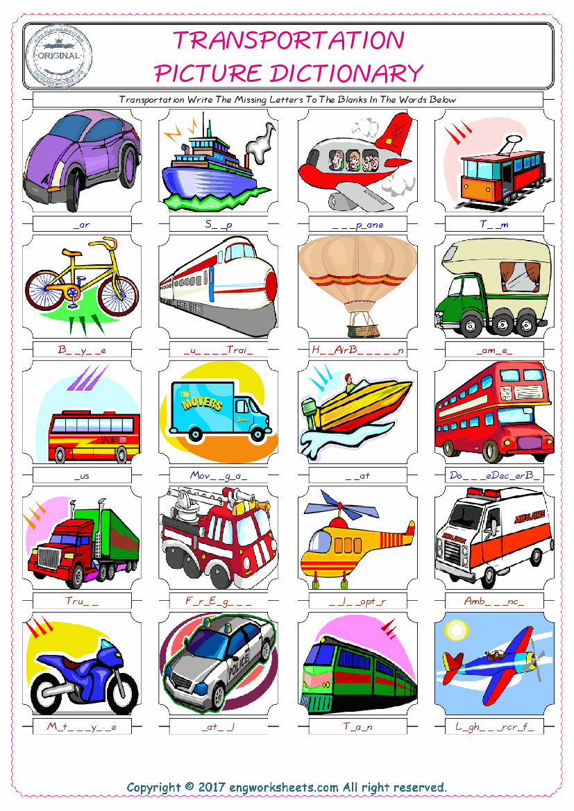  Transportation Words English worksheets For kids, the ESL Worksheet for finding and typing the missing letters of Transportation Words 